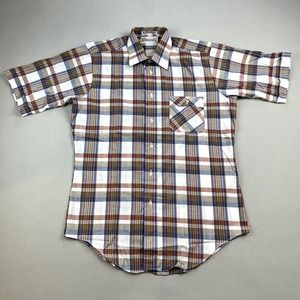Vintage Mervyns Shirt Adult Medium White Plaid Button Up Short Sleeve Casual 90s